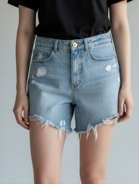 Zara Light Blue Distressed Denim Midi Shorts Size US 4